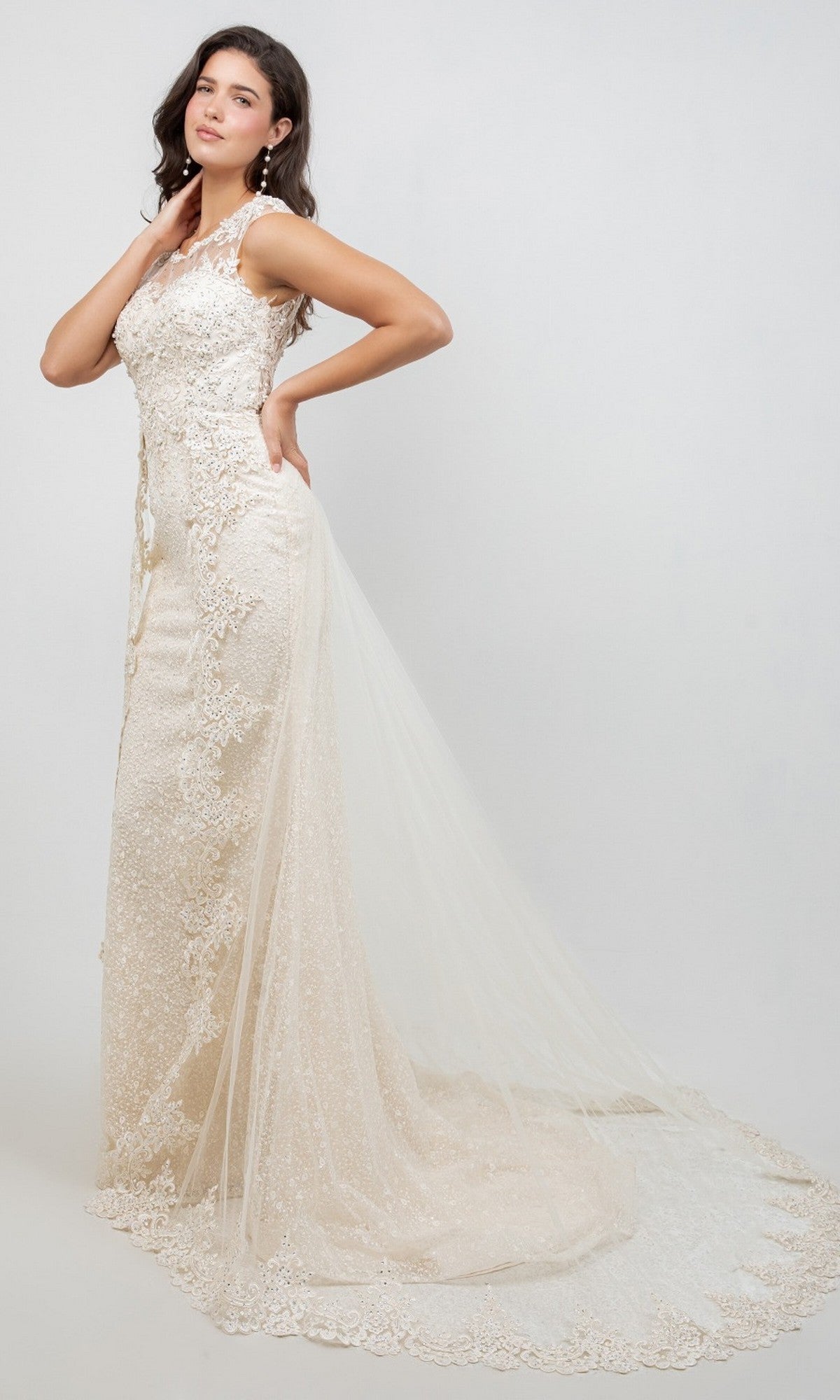 A woman poses sideways against a plain light background, wearing the Long Formal Dress: Cinderella Couture 8506J—an ivory lace wedding gown featuring a long tulle train and delicate lace appliqués.
